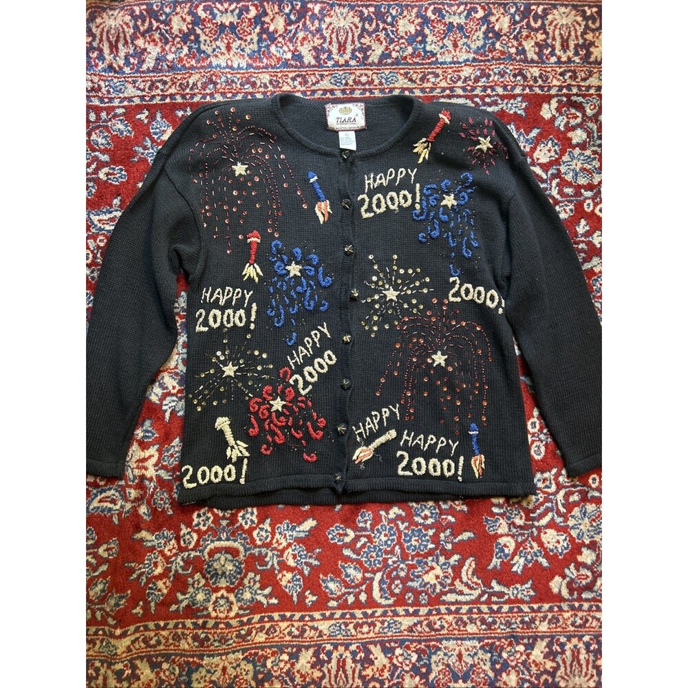 Tiara International Vintage 1999 Happy 2000 Cardigan Size Large New Year’s Eve